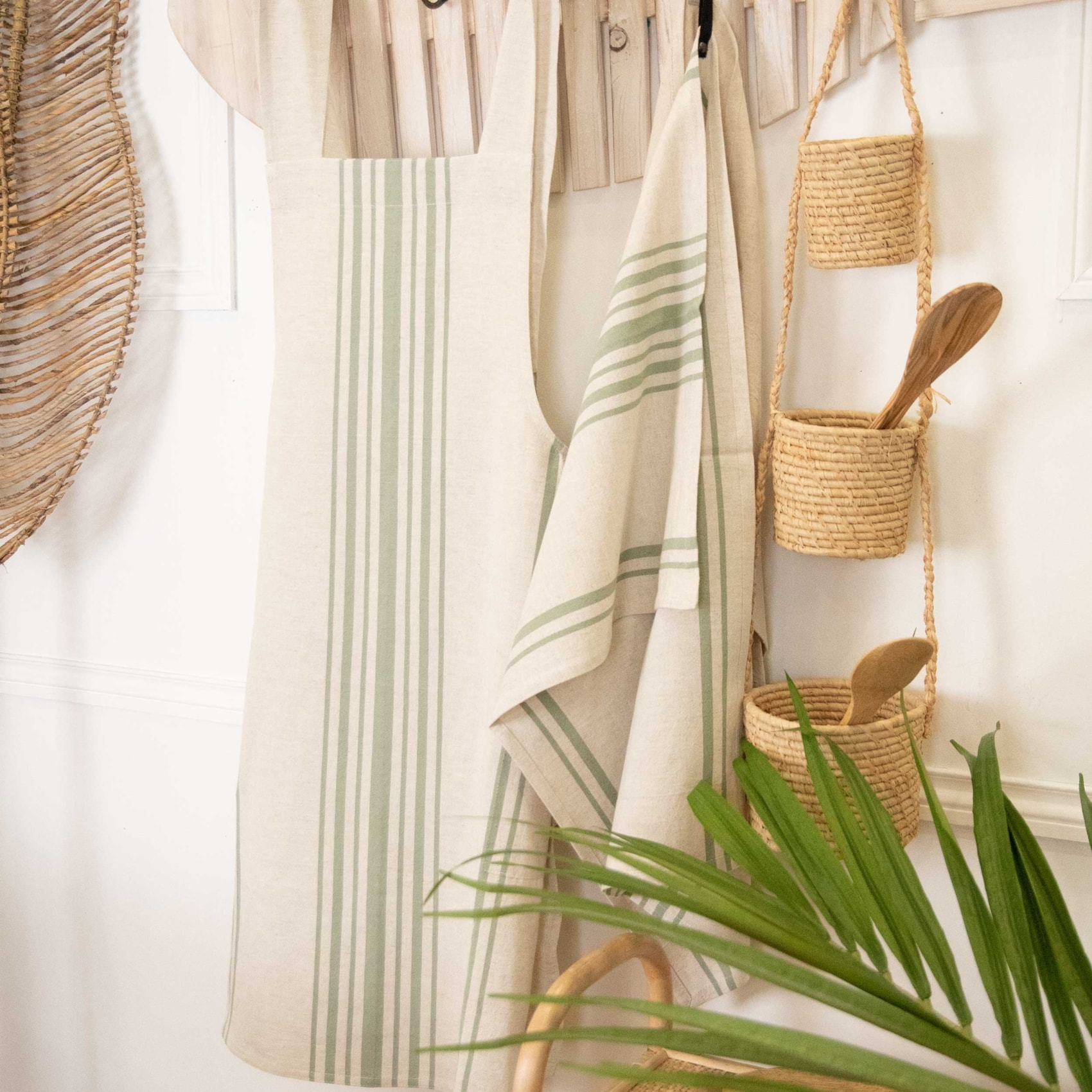 Torchon de cuisine polylin à rayures - Vert Olive