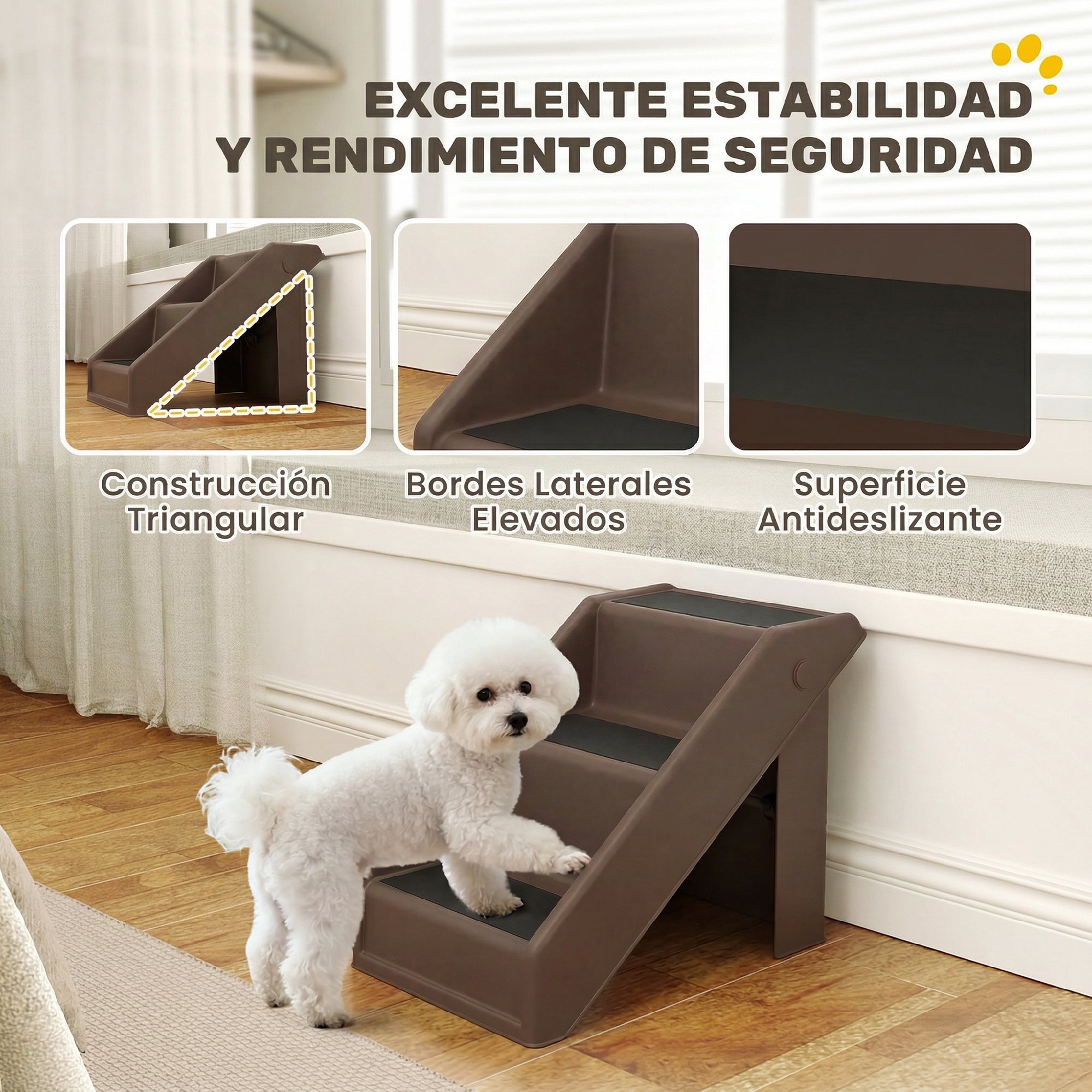 Escalera para Perros Plegable de 3 Peldaños, Portátil, Escalera para Mascotas Mayores, Perros Pequeños, Gatos, para Cama, Sofá, 53x30,5x36,5 cm, Marrón