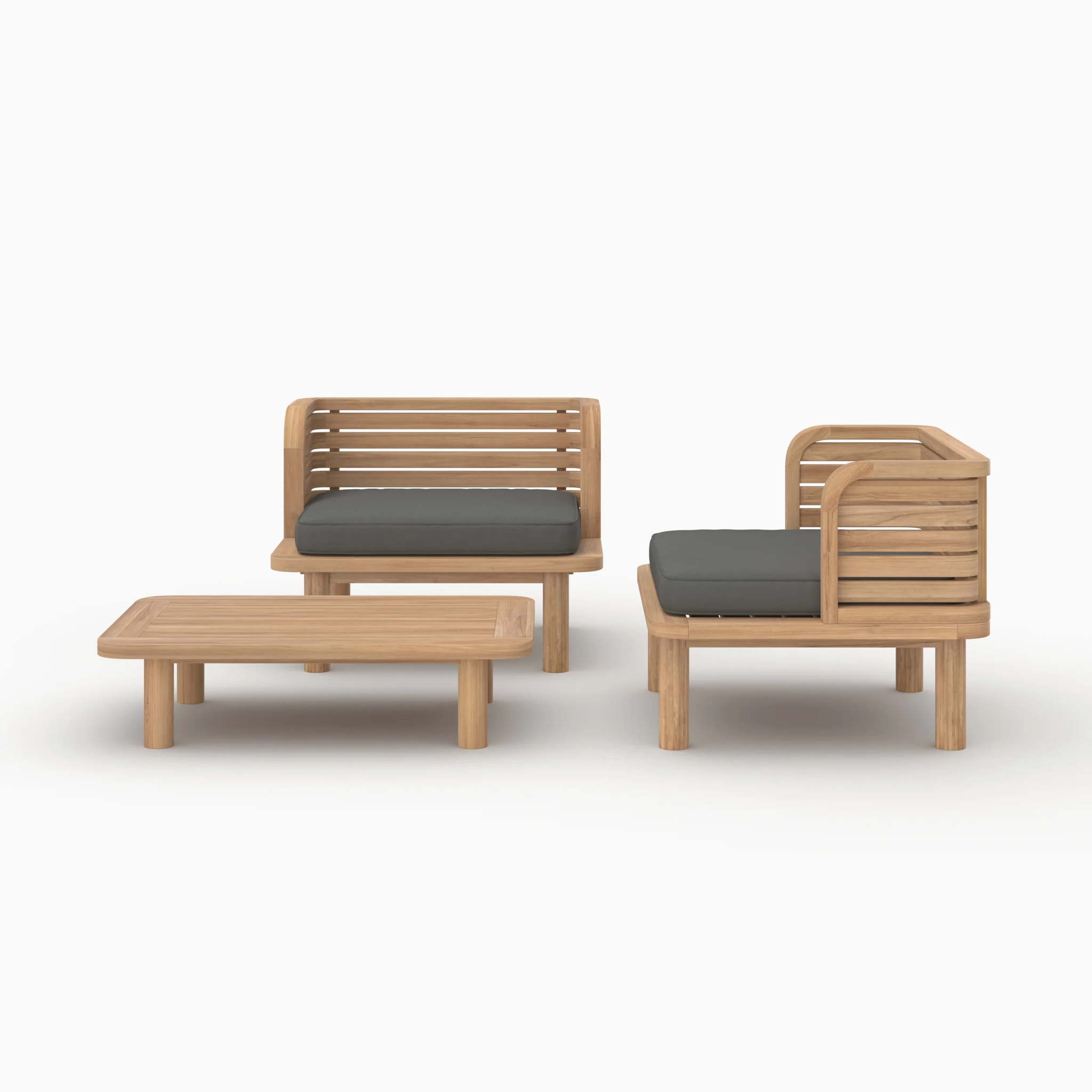 Salon de jardin 2 places en teck et tissu gris, 2 fauteuils - Kilda