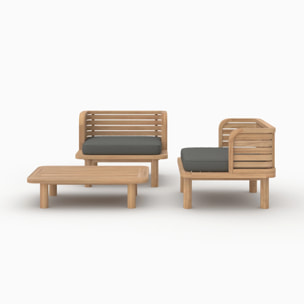 Salon de jardin 2 places en teck et tissu gris, 2 fauteuils - Kilda