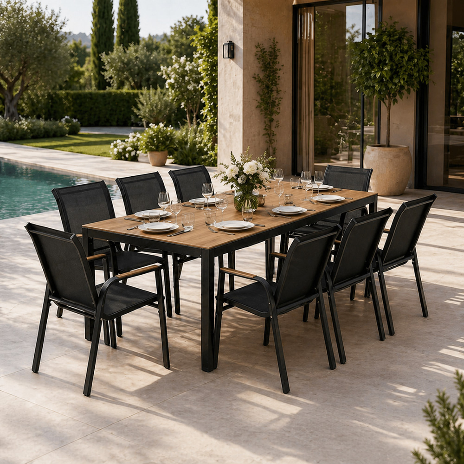 Salon de jardin 8 places avec table 190cm effet bois PANAY