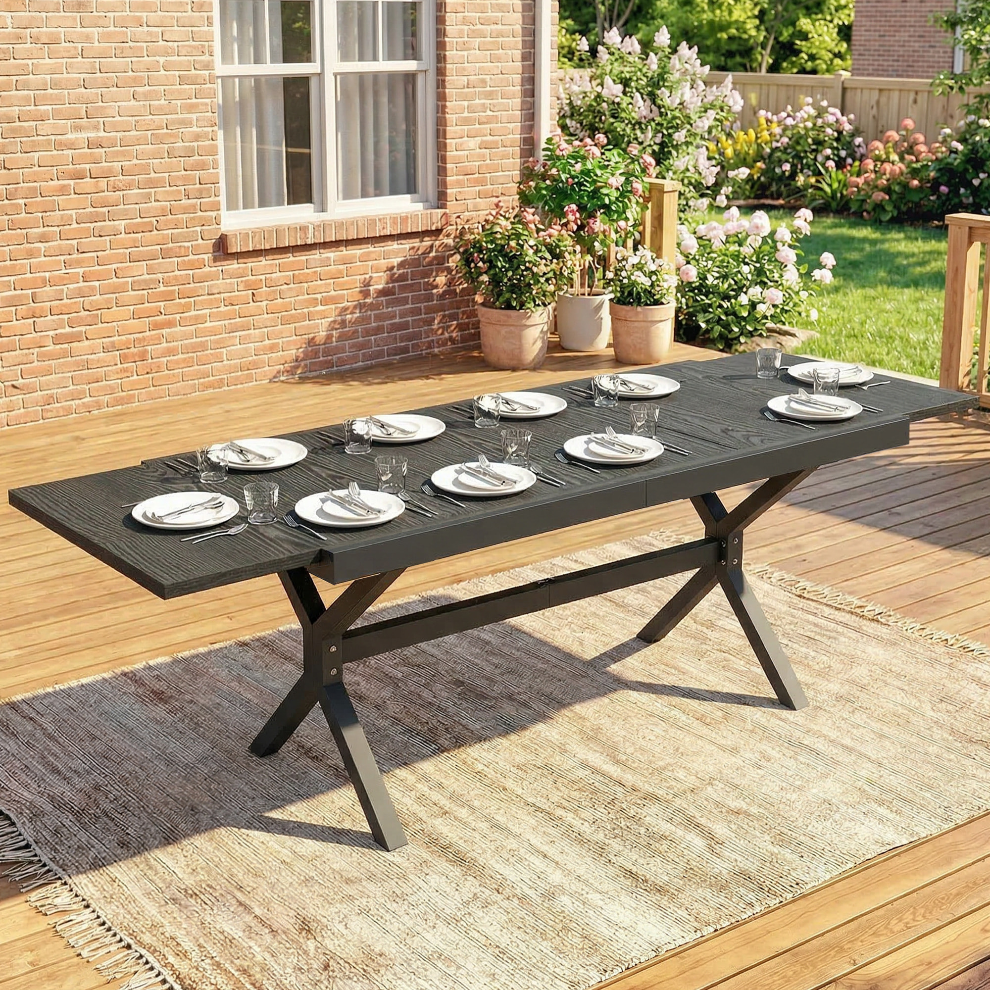 Mesa de Jardín Extensible con Superficie de Aluminio, 154/214x85 cm, Mesa de Comedor Exterior Extensible Rectangular con Imitación Madera para 8-10 Personas, para Patio, Terraza, Gris Oscuro