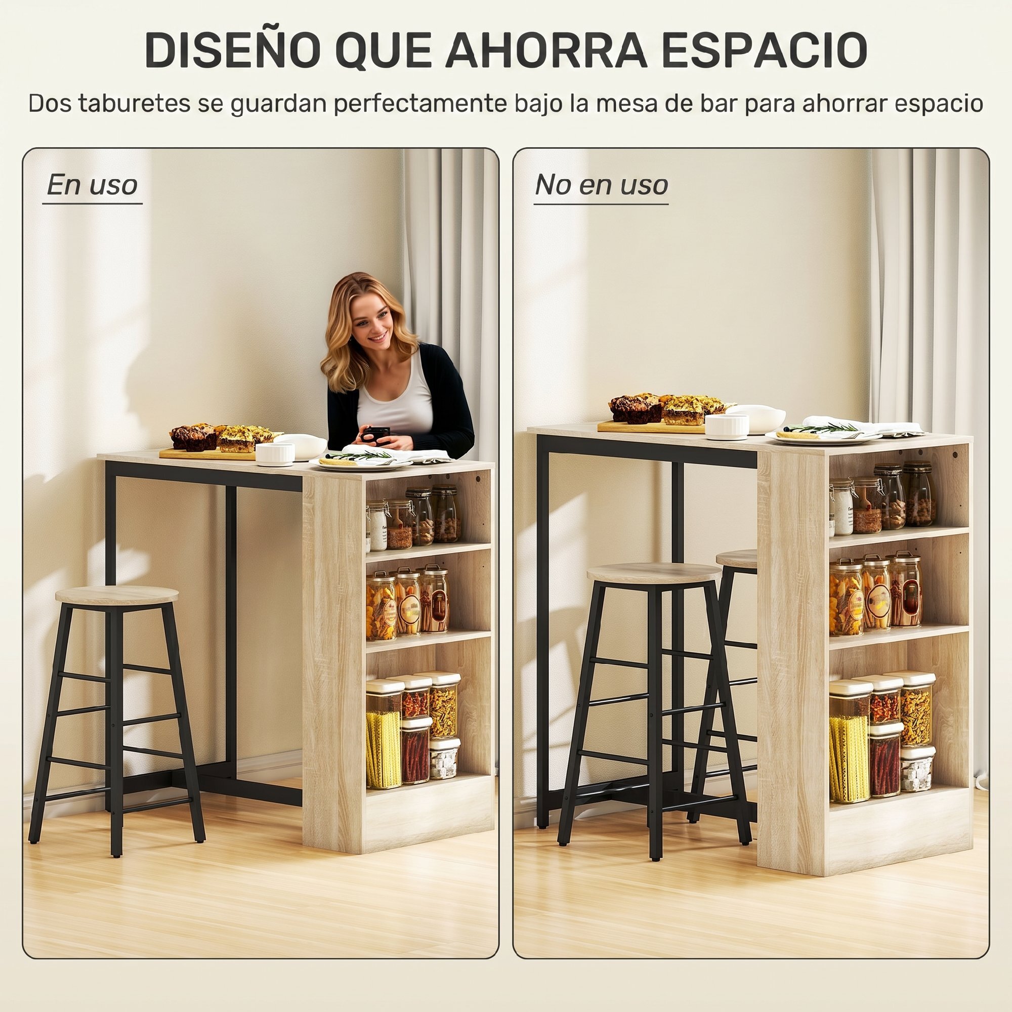 Conjunto Mesa Alta de Cocina con 2 Taburetes, Mesa Alta de Bar, Ahorro de Espacio, Marco de Acero, Reposapiés, 3 Compartimentos Abiertos, Estante Ajustable, para Comedor, Isla Cocina, Roble