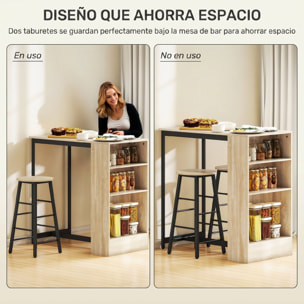 Conjunto Mesa Alta de Cocina con 2 Taburetes, Mesa Alta de Bar, Ahorro de Espacio, Marco de Acero, Reposapiés, 3 Compartimentos Abiertos, Estante Ajustable, para Comedor, Isla Cocina, Roble