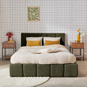 Lit coffre double avec sommier à lattes et tête de lit kaki 160 x 200 cm bouclette texturée - Lex