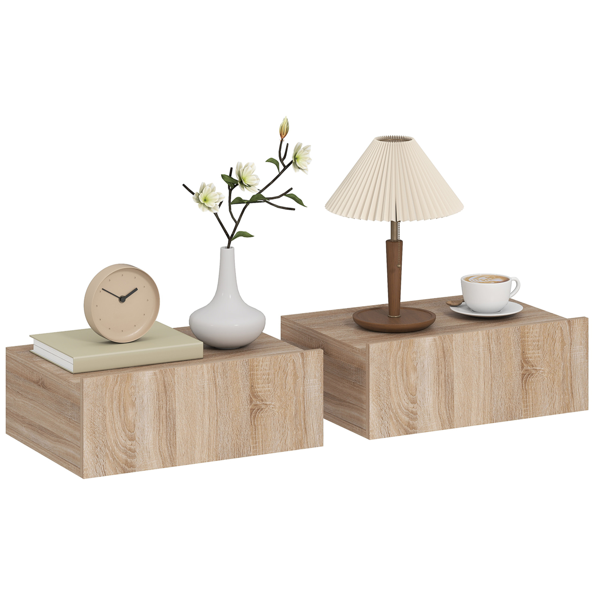 Set de 2 Mesillas de Noche de Pared, Mesitas de Noche Flotantes con 1 Cajón, Mesas Auxiliares para Dormitorio, Habitación Hogar, Diseño Sencillo, 40x30x15 cm, Roble