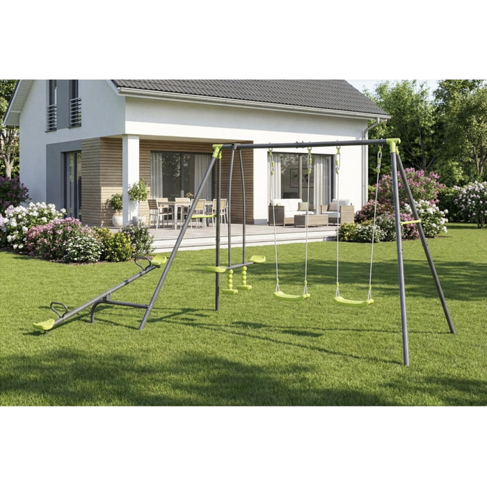 Portique de jeu en métal avec balançoire à bascule "Basile" - 4 agrès - Vert