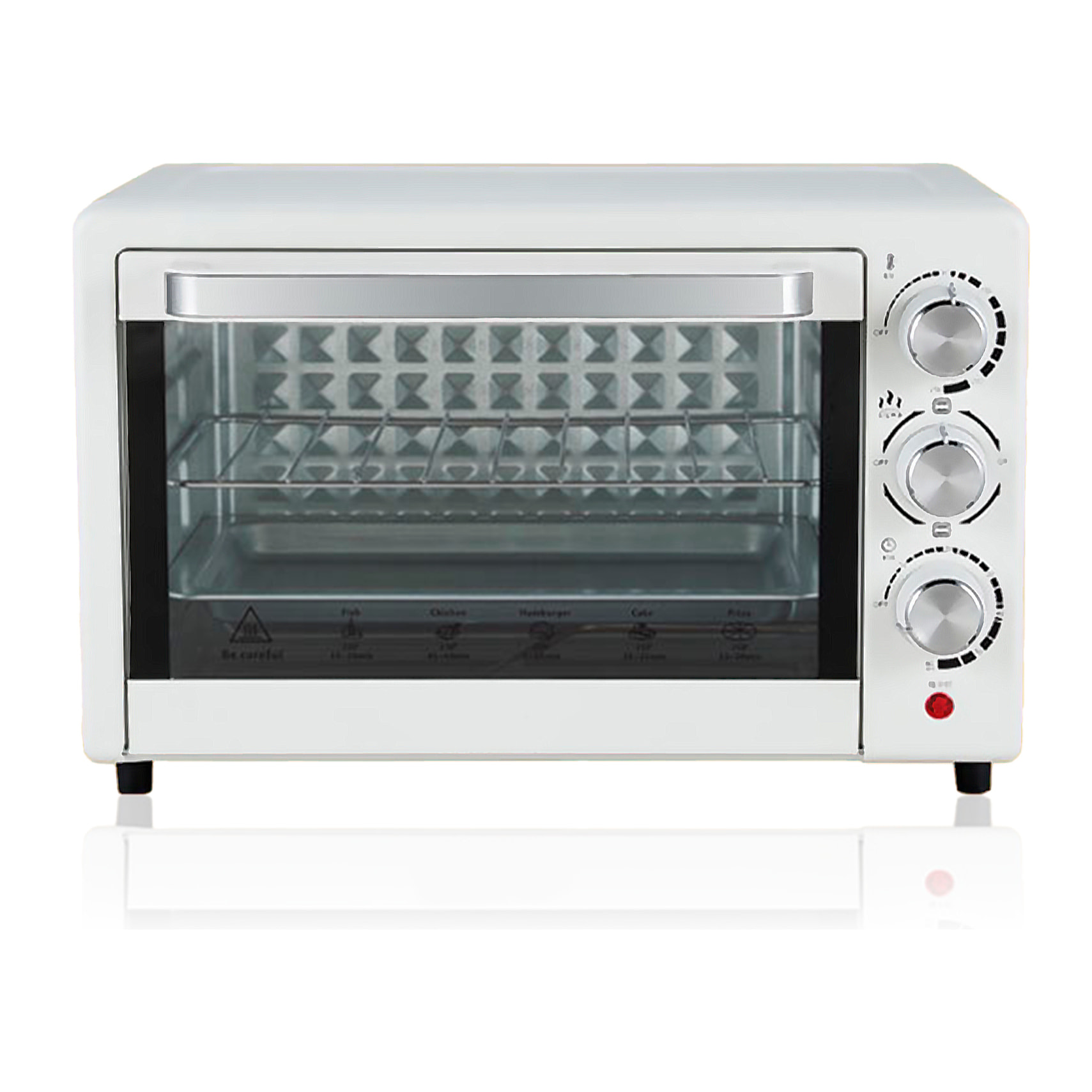 Horno eléctrico de sobremesa con 22 litros de capacidad. Panel de control mecánico y 1000W de potencia.
