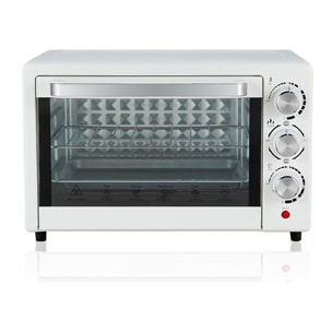 Horno eléctrico de sobremesa con 22 litros de capacidad. Panel de control mecánico y 1000W de potencia.