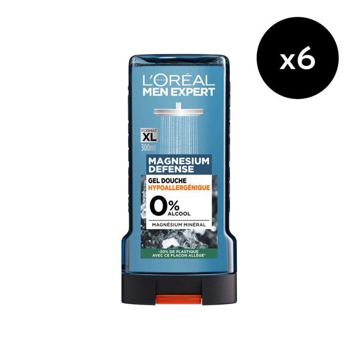 Lot de 6 - L'Oréal Paris Men Expert Magnesium Defense Gel Douche Crème Peau Sensible 0% Alcool Enrichie En Magnésium 300ml