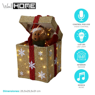 Caja de regalo dorada decorativa navideña con música y 50 leds cálidas 25x25x50cm
