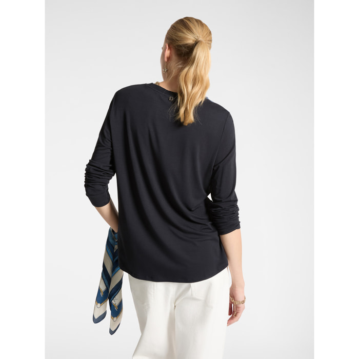 Elena Mirò - Camiseta en dos tejidos con estampado. - Azul