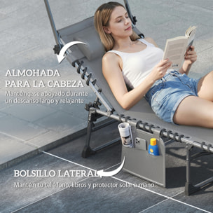 Set de 2 Tumbonas Jardín Exterior, Tumbonas Plegables con Reposacabezas, Parasol y Bolsillo Lateral, Respaldo Reclinable 5 Posiciones y Asiento Malla Transpirable para Playa, Piscina, Gris