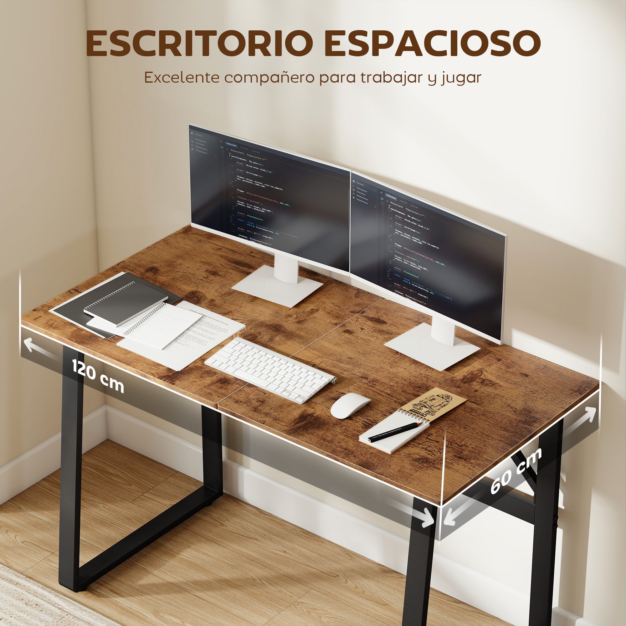 Escritorio Estilo Industrial, 120x60x76 cm, Mesa de Escritorio, Mesa de Ordenador con Marco de Acero, Fácil de Montar, para Casa, Oficina, Dormitorio, Estudio, Marrón Rústico