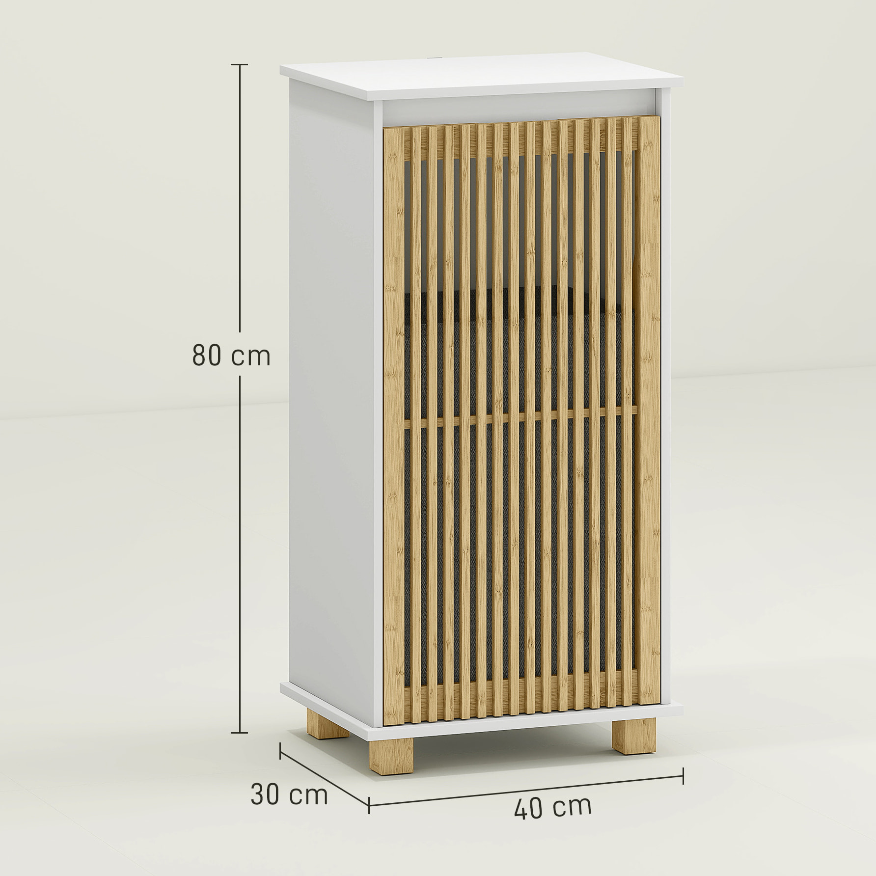Meuble bas salle de bain - panier à linge amovible - tissu gris bambou blanc