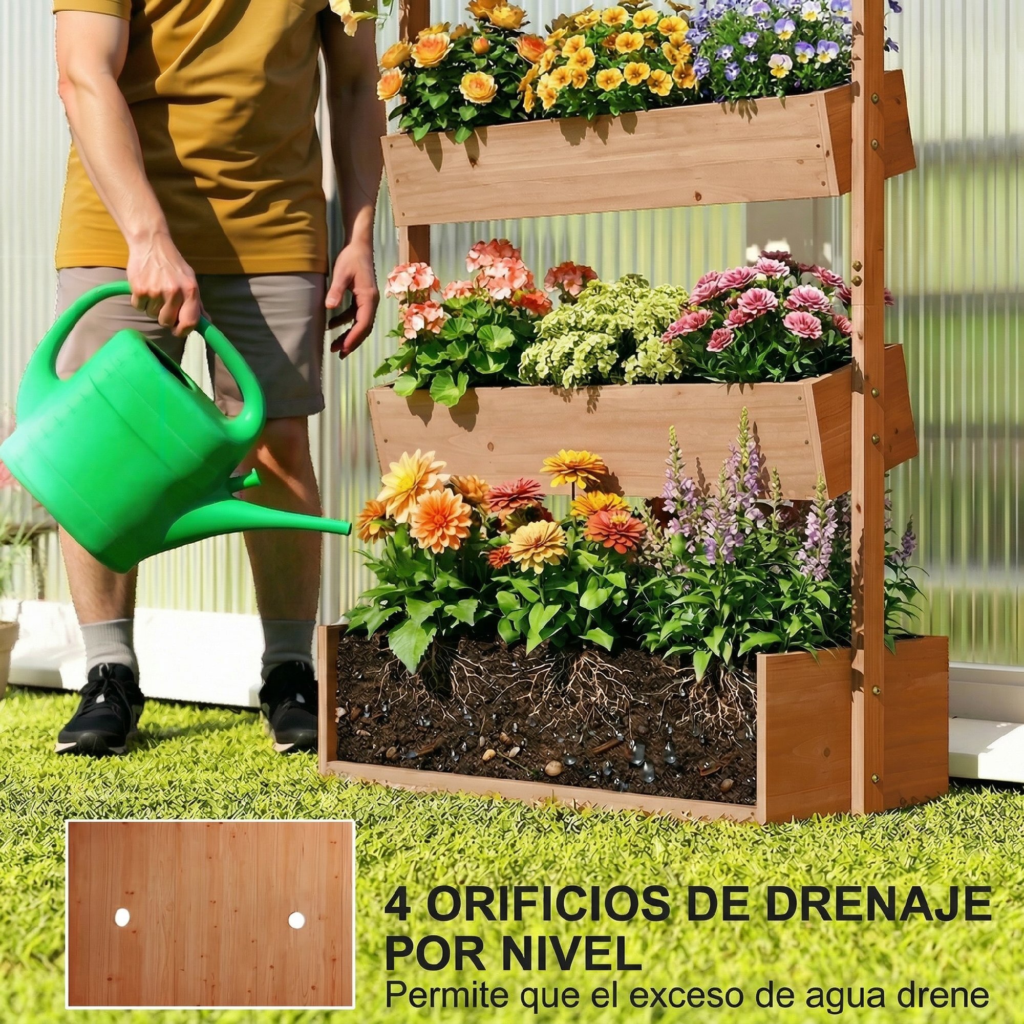 Jardinera de Madera de 4 Niveles, Jardinera Exterior Elevada con Orificios de Drenaje y Tela no Tejida, Macetero para Cultivos, Plantas, Flores, para Terraza, Jardín, 85x45x140 cm, Marrón
