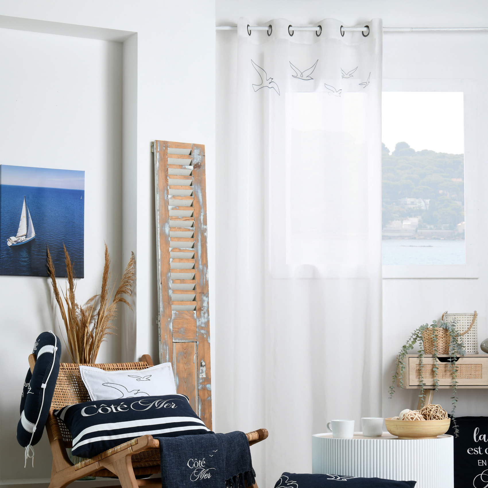 Voilage tamisant à œillets motif oiseaux - Blanc