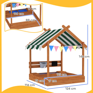 Arenero para Niños de Madera, Arenero Infantil en Forma de Casa con 2 Asientos, Toldo, 6 Banderines, 2 Bandejas Extraíbles, Grifo y Pizarra, para Patio, Jardín, 124x116x146 cm, Naranja