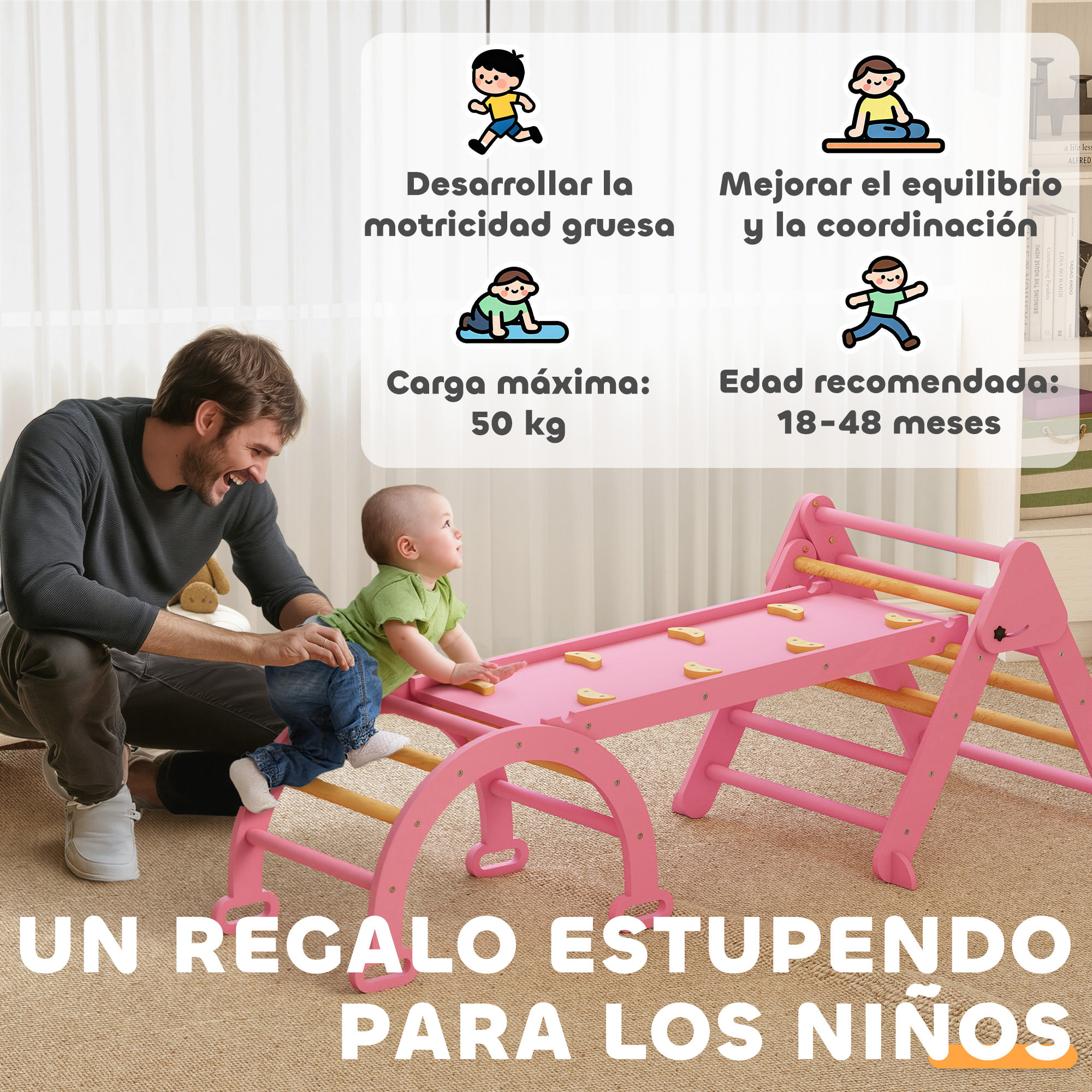 7 en 1 Triángulo de Escalada Montessori con Arco y Rampa, Escalada para Niños de Madera Plegable, para 18-48 Meses, para Deslizarse o Escalar, 188x70 cm, Rosa