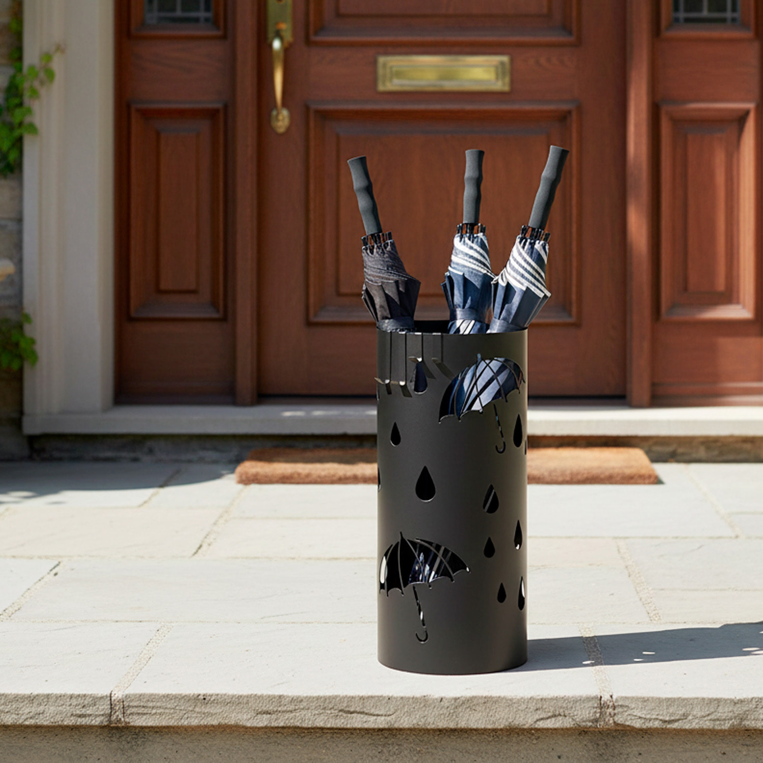 Portaombrelli Rotondo In Acciaio Zincato Con Vaschetta Scolapioggia E 4 Ganci Removibili Base Antiscivolo Design Moderno Ingresso 41 x 17 Cm Nero