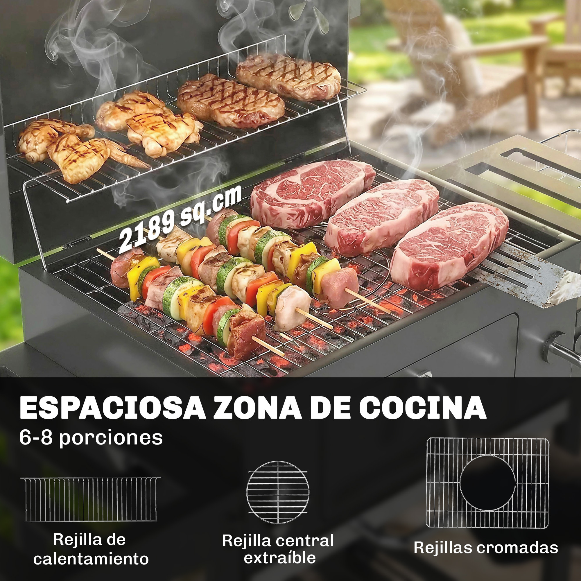 Barbacoa de Carbón Portátil, Barbacoa de Carbón Móvil con Bandeja Ajustable, Estantes Plegables, Termómetro, Tapa, Chimenea, Ventilaciones, Cajón de Cenizas, Ruedas, Cesta Lateral, Asa, Negro