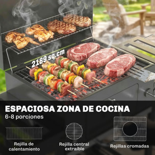 Barbacoa de Carbón Portátil, Barbacoa de Carbón Móvil con Bandeja Ajustable, Estantes Plegables, Termómetro, Tapa, Chimenea, Ventilaciones, Cajón de Cenizas, Ruedas, Cesta Lateral, Asa, Negro