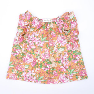 Blusa ocre flor rosa
