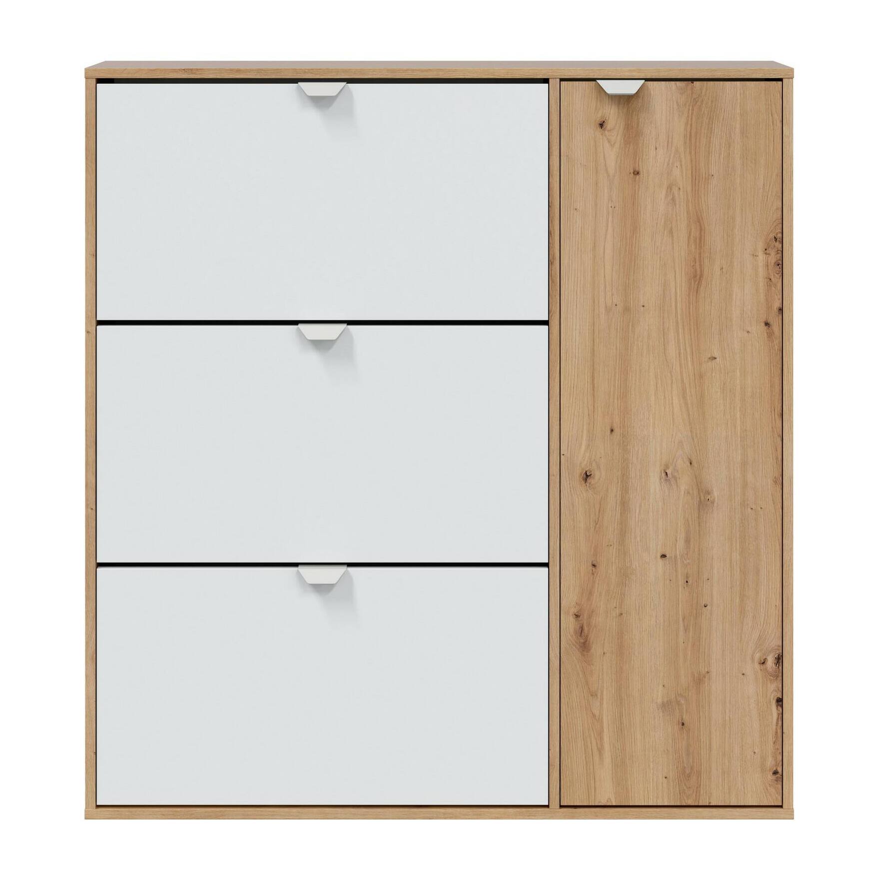 Scarpiera Tok, Scarpiera da ingresso a 4 ante, Armadio portascarpe salvaspazio, 105x24h112 cm, Bianco e Rovere