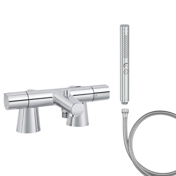 Mitigeur baignoire Simone + pommeau de douche Shift+ rond + flexible de douche métal + colonnettes
