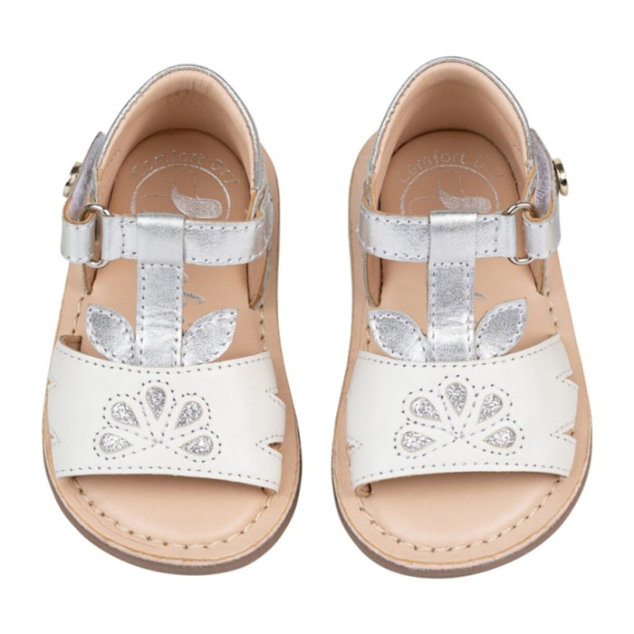 Sandalia Piel  Cabra. Velcro/Flores