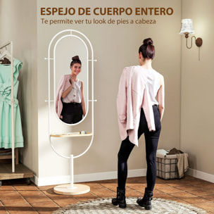 Espejo de Cuerpo Entero 175,5x50 cm Espejo de Pie con Bandeja de Madera 4 Ganchos y Marco de Metal para Salón Dormitorio Blanco