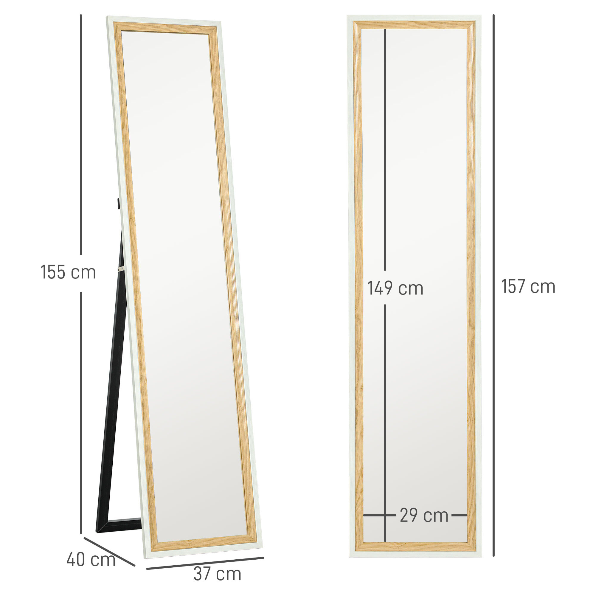Espejo de Cuerpo Entero 157x37 cm Espejo de Pie o de Pared con Marco de MDF y Soporte para Dormitorio Salón Blanco y Natural Oscuro