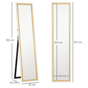 Espejo de Cuerpo Entero 157x37 cm Espejo de Pie o de Pared con Marco de MDF y Soporte para Dormitorio Salón Blanco y Natural Oscuro