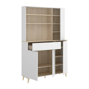 Credenza Sparavero, Buffet dispensa da soggiorno, Madia da salotto moderna a 4 ante, 120x40h191 cm, Bianco e Rovere