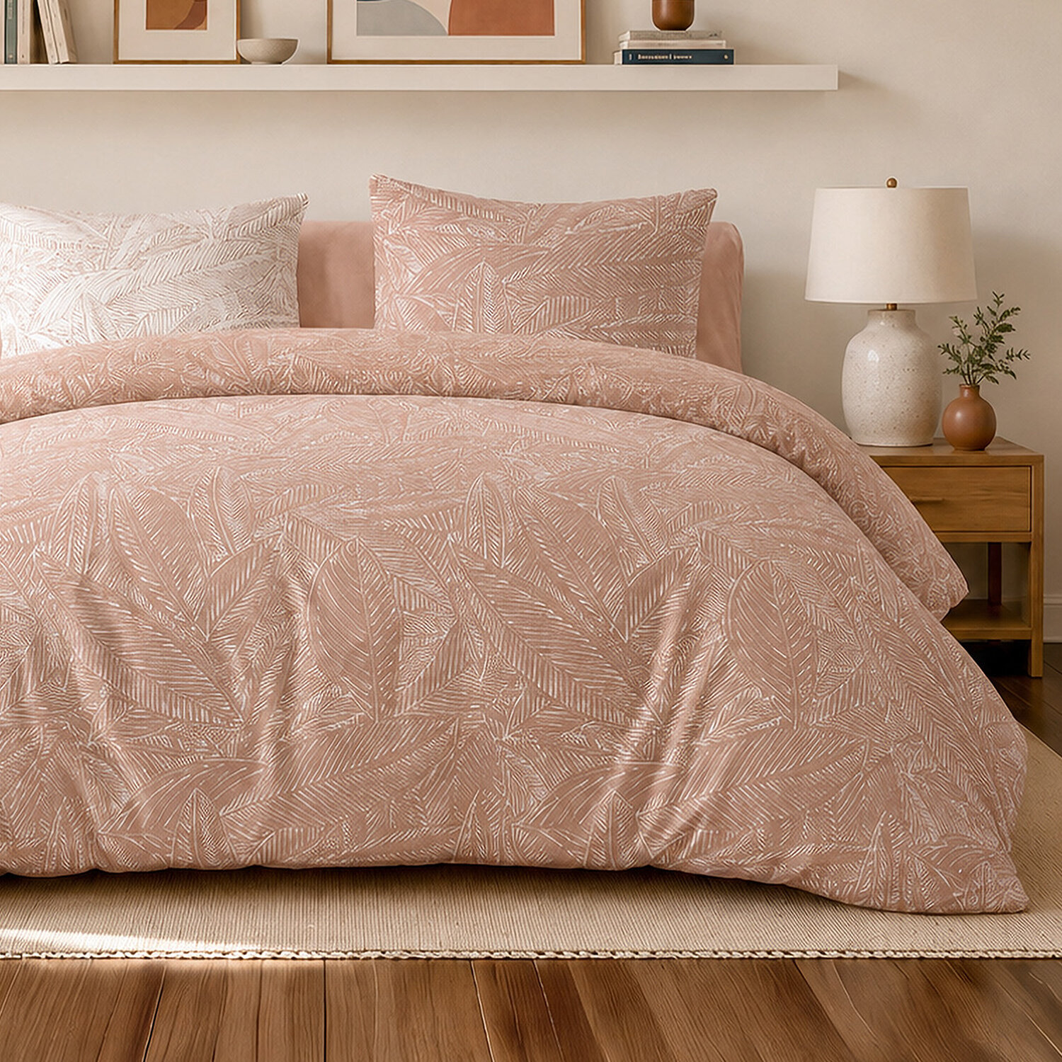Parure housse de couette 100% percale de coton motif feuilles tropical rose - AMBRE