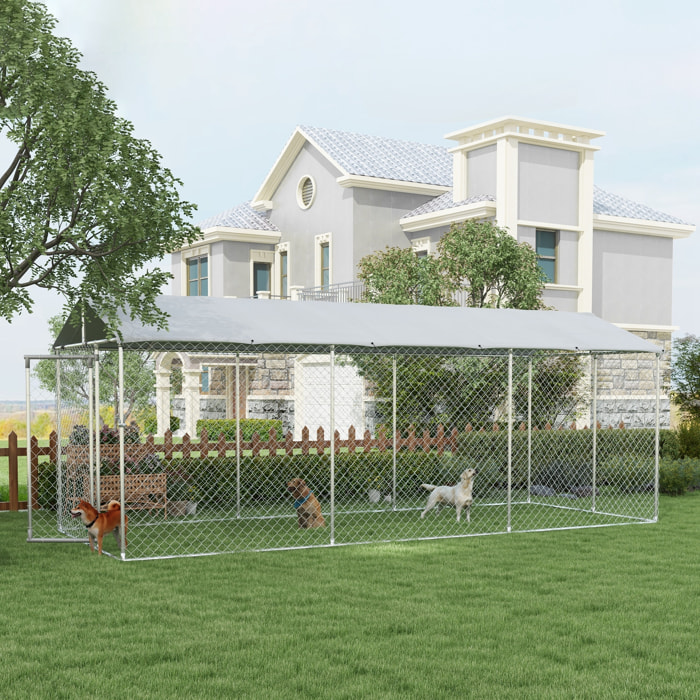 Perrera Jaula de Exterior para Perros Parque para Perros con 1 Puerta Marco de Acero Toldo Impermeable y Anti-UV 600x230x230 cm Plata