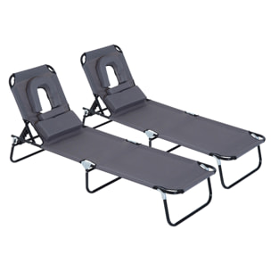 Juego de 2 Tumbonas Plegables Tumbonas de Jardín con Respaldo Ajustable en 4 Posiciones Orificio de Lectura y Almohada para Camping Playa Terraza 190x56x28 cm Gris