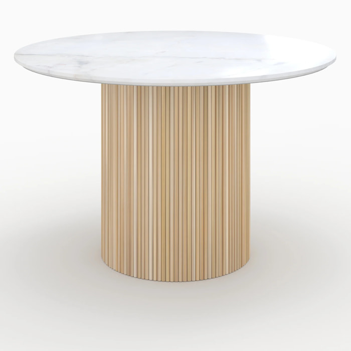 Table ronde 4 personnes en marbre blanc et bois de manguier D120 cm - Agathe
