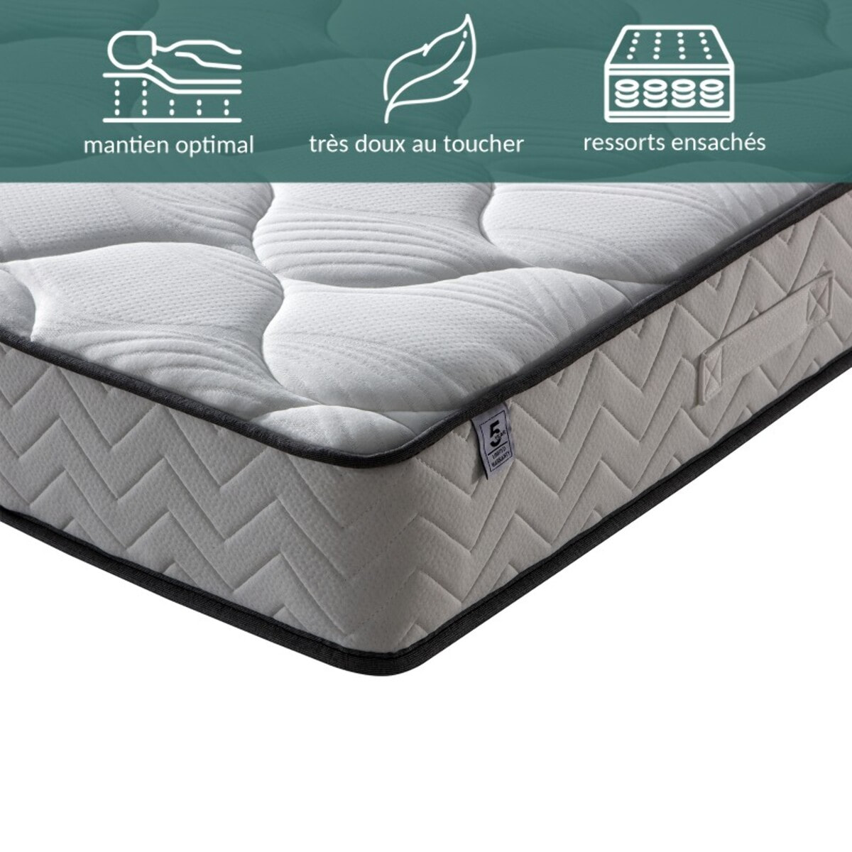 Ensemble Lit avec tête de lit & matelas | Mémoire de forme et ressorts ensachés | Cadre à lattes | Tissu | Gris clair