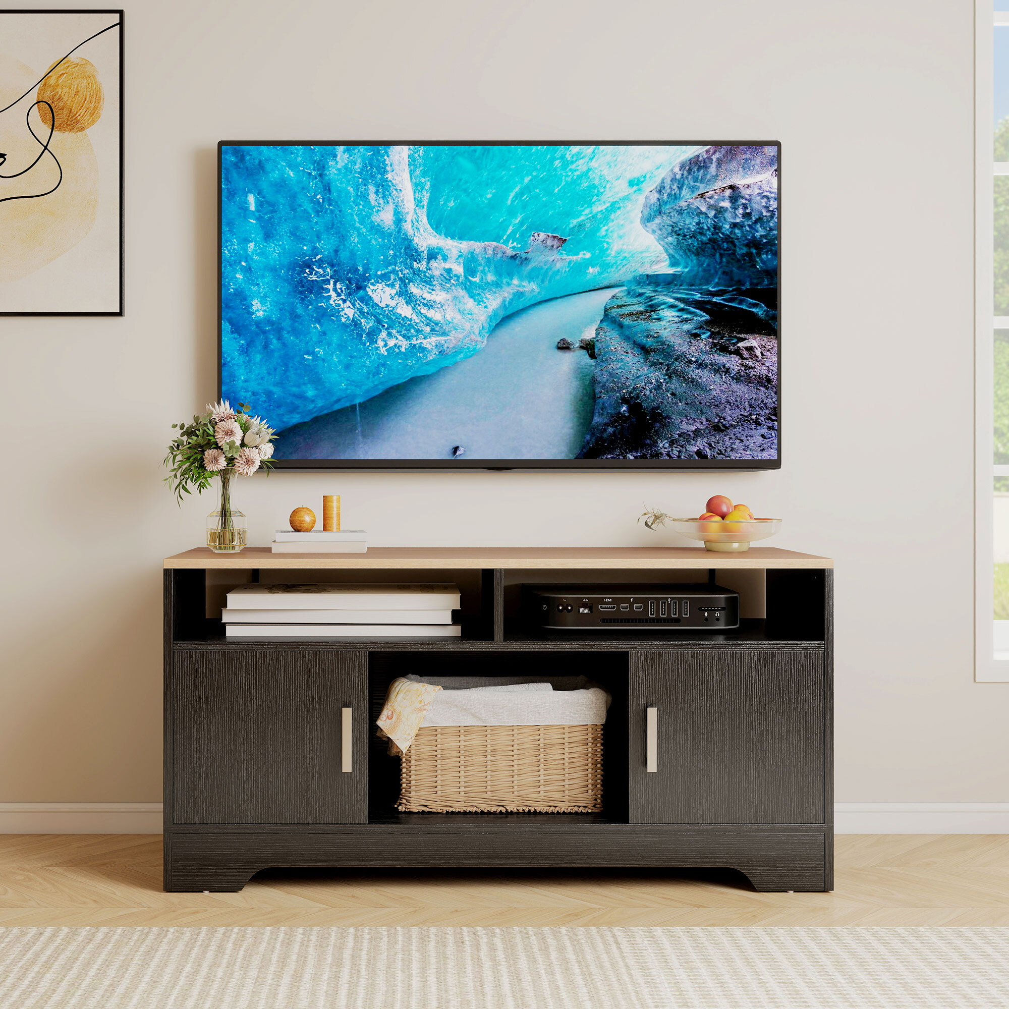 Meuble TV banc TV compact 2 portes 3 niches dim. 105 x 40 x 52 cm effet bois clair noir