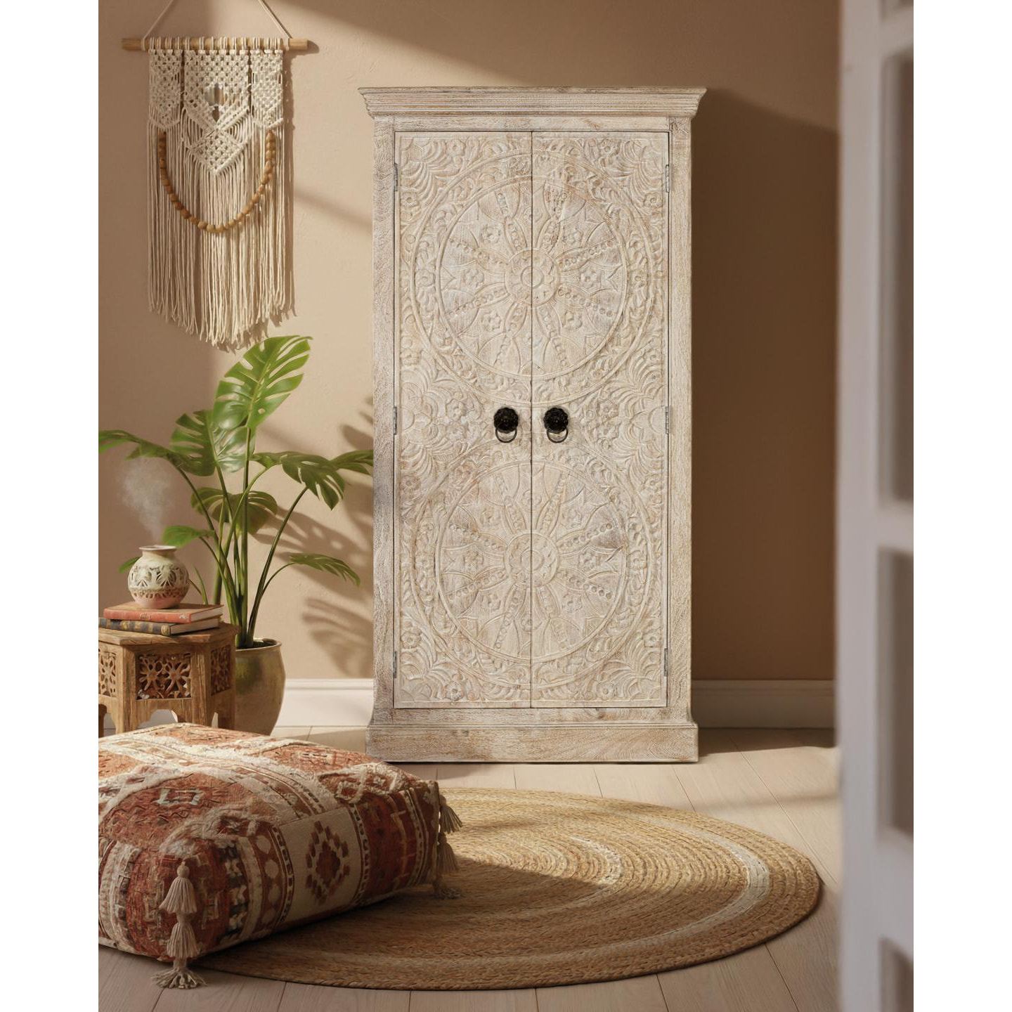 Armario de Madera de Mango 90 Cm Estilo Étnico Colonial Tallado