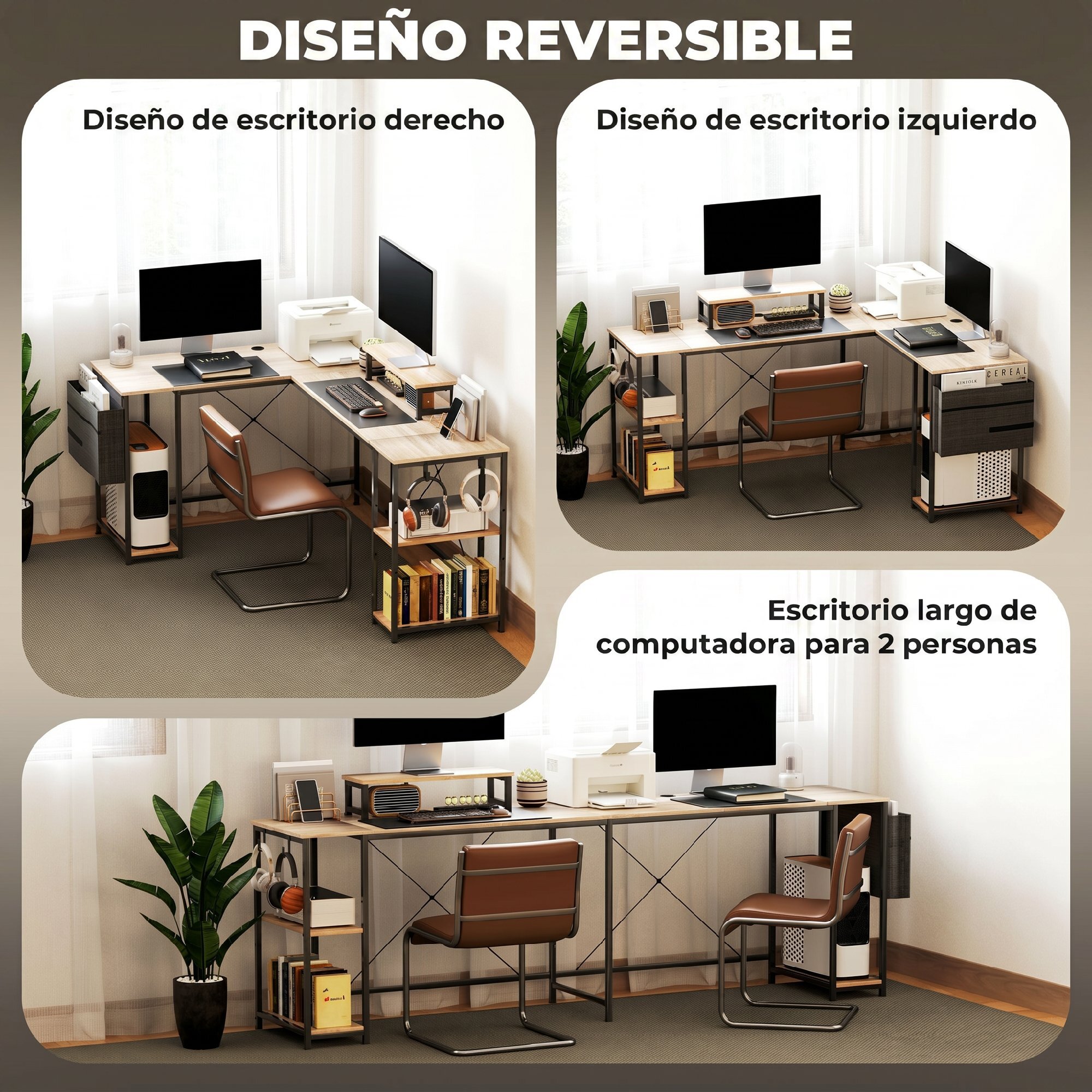 Escritorio Esquinero Reversible en L, Largo 168-240 cm, Mesa Escritorio de Ordenador Industrial con Soporte Monitor y CPU, Estantería, Bolsillo Lateral, Ganchos, Estante Ajustable, Natural