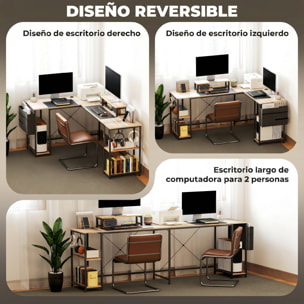 Escritorio Esquinero Reversible en L, Largo 168-240 cm, Mesa Escritorio de Ordenador Industrial con Soporte Monitor y CPU, Estantería, Bolsillo Lateral, Ganchos, Estante Ajustable, Natural