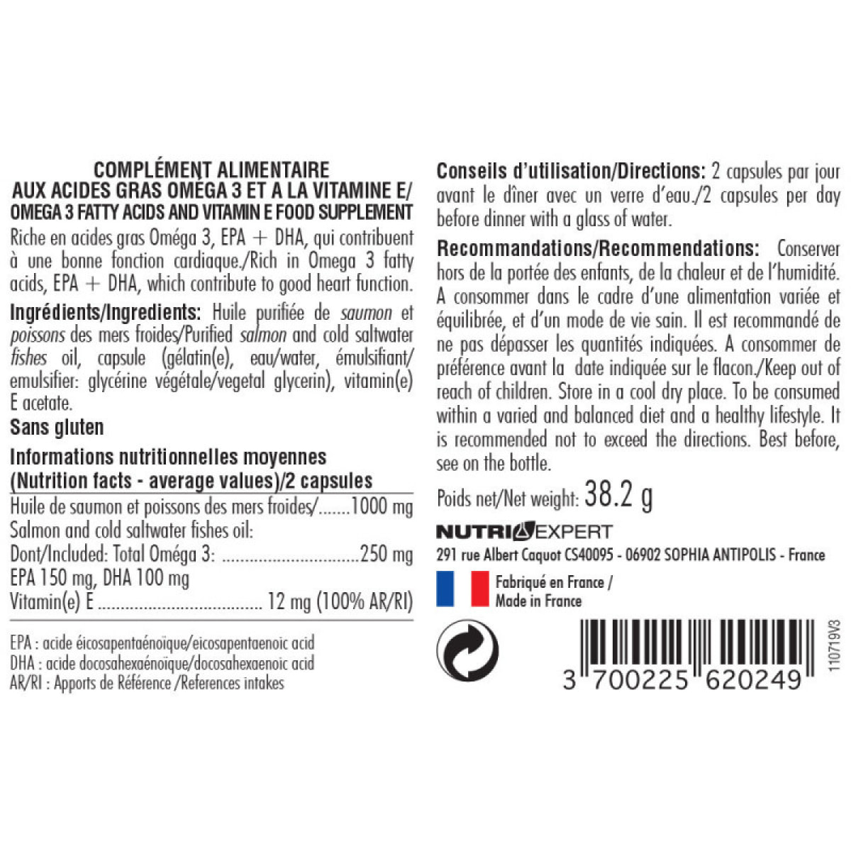 NUTRIEXPERT - Oméga 3 - Fonctionnement cérébral + cardiovasculaire - Riche en acides gras Oméga 3, EPA + DHA - Huile purifiée de poissons des mers froides - Cure 30 jours - Marque Française