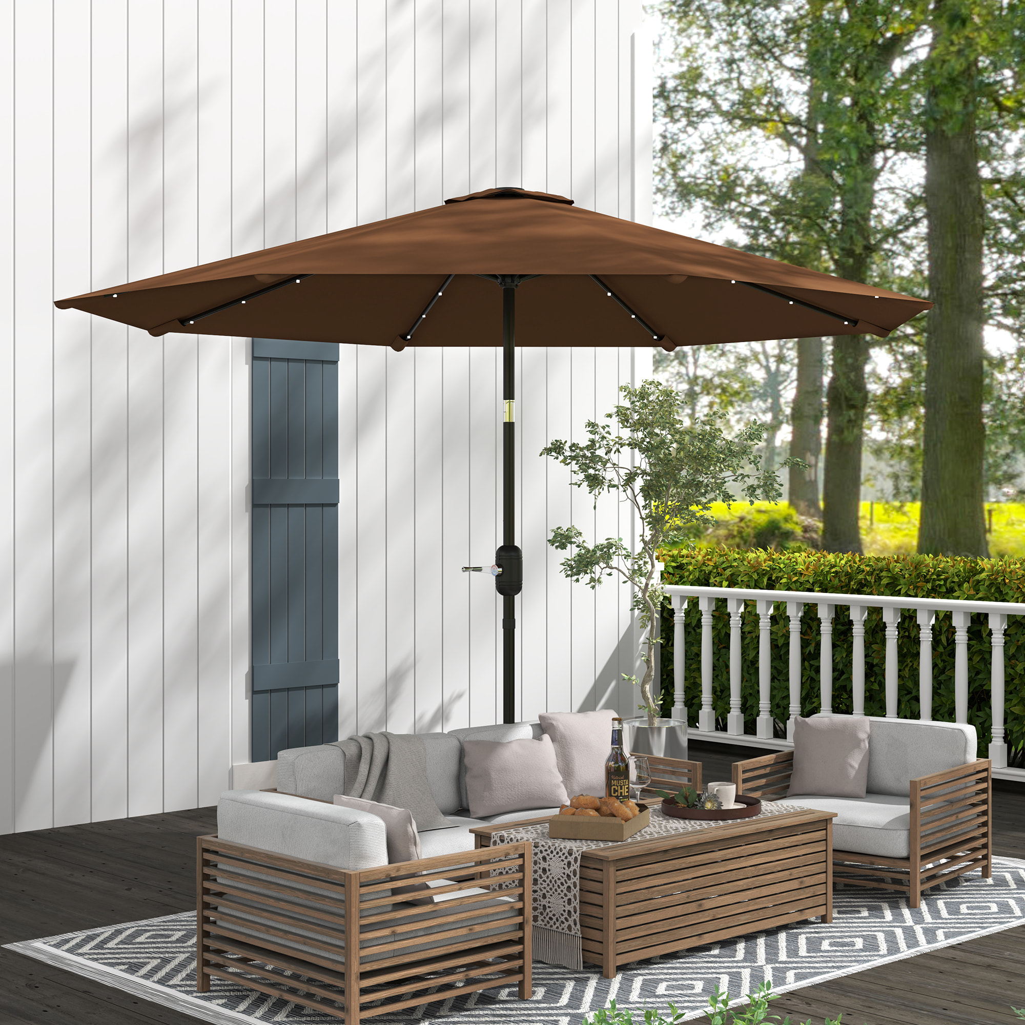 Sombrilla Terraza Exterior Ø265 cm Sombrilla de Jardín con 32 Luces LED Solares Poste de Acero y Manivela Parasol Inclinable para Patio Terraza Marrón