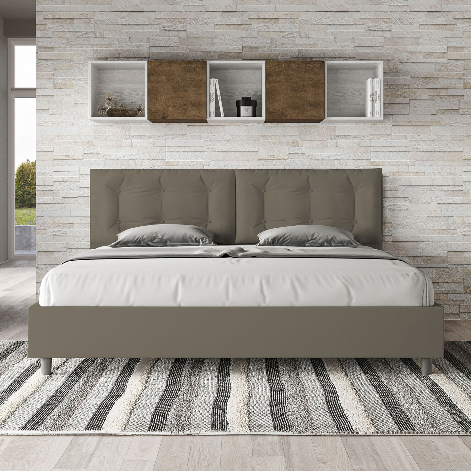 Letto matrimoniale king size contenitore imbottito 200x210 similpelle cappuccino Annalisa Large