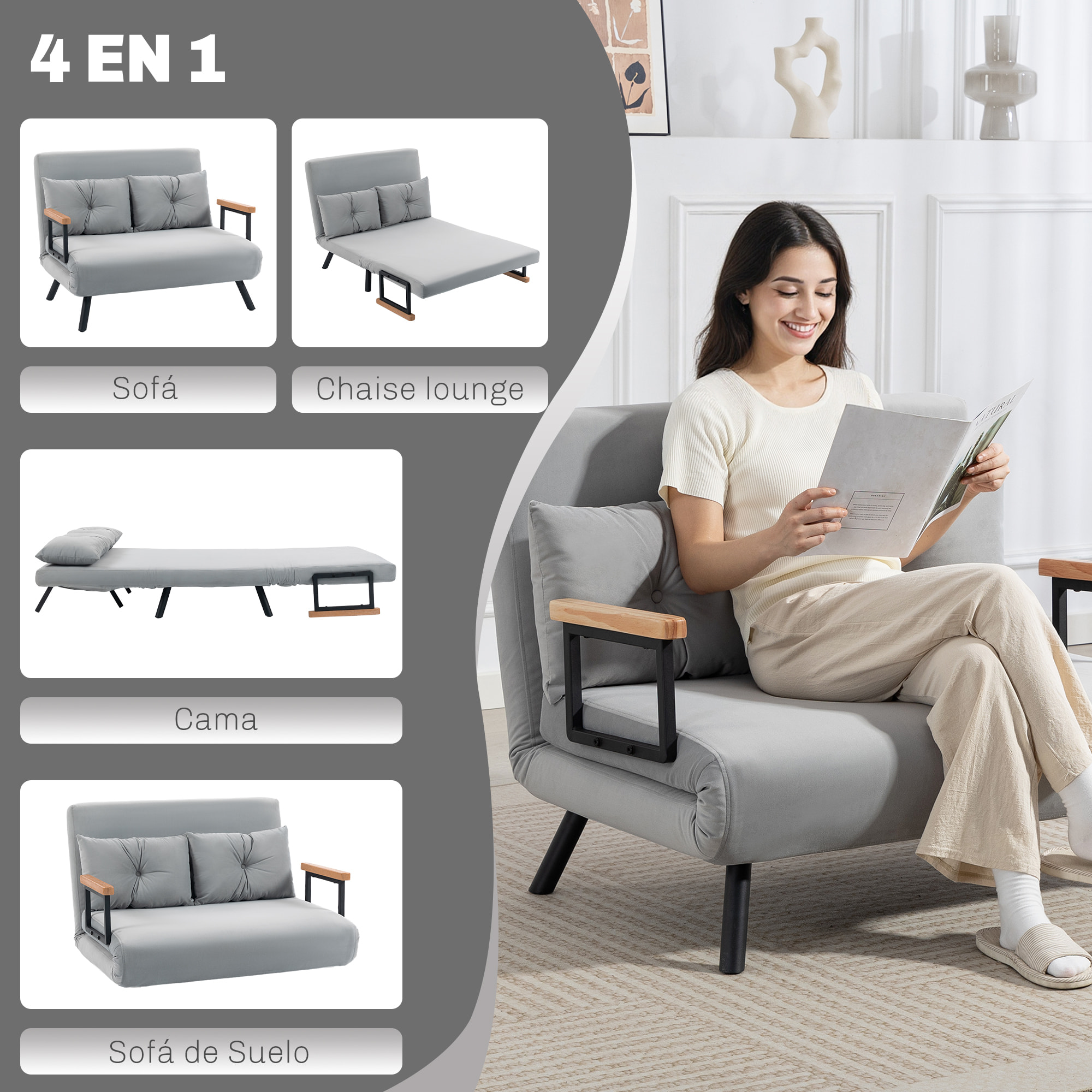 Sofá Cama de 2 Plazas 4 en 1, Sofá Cama Plegable Tapizado en Terciopelo con Respaldo Ajustable de 5 Niveles y Almohadas Acolchadas, para Oficina, Dormitorio, Salón, 102x73x81 cm, Gris Claro