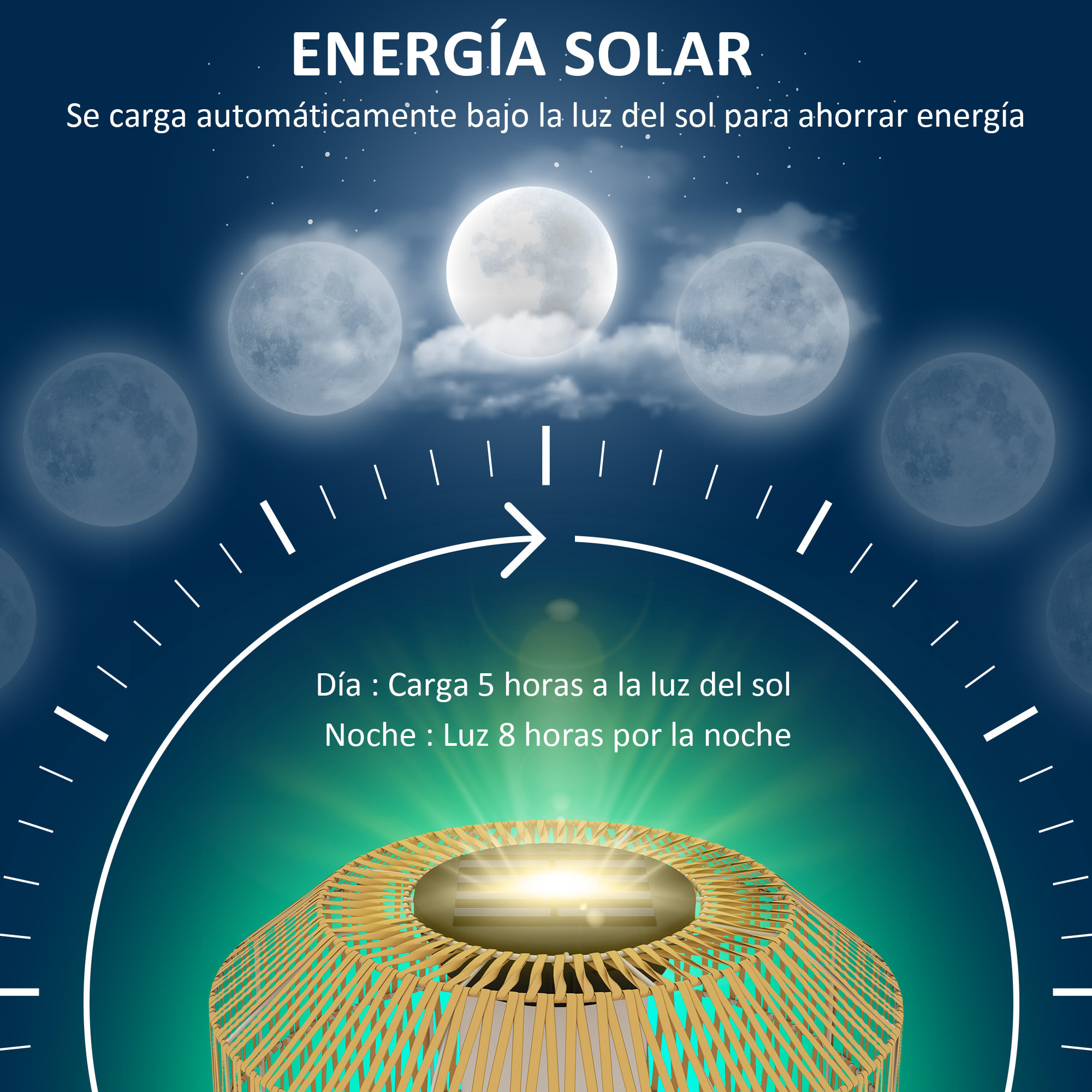 Linterna de Jardín de Ratán Sintético Farola Solar con Luces LED Encendido y Apagado Automático Diseño Bohemio Impermeable para Terraza Balcón Patio Ø30x55 cm Natural