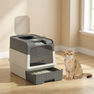 Maison de toilette chat - couvercle, trappe, plateau coulissant, accessoires - blanc gris