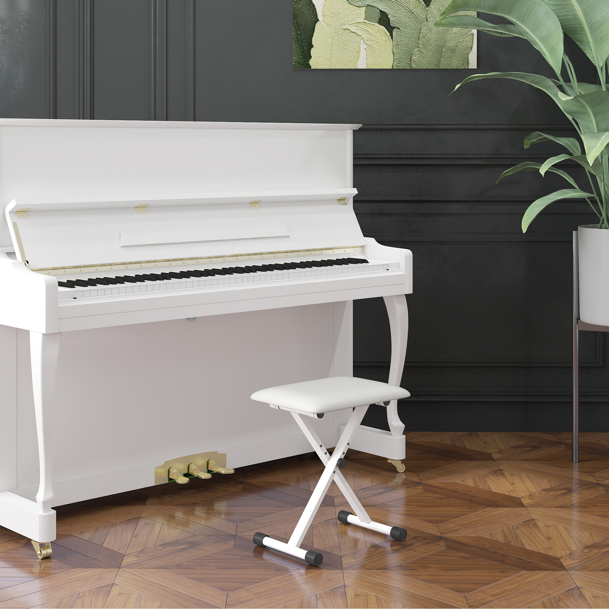 HOMCOM Tabouret banquette réglable pliable pour piano et clavier acier revêtement synthétique blanc